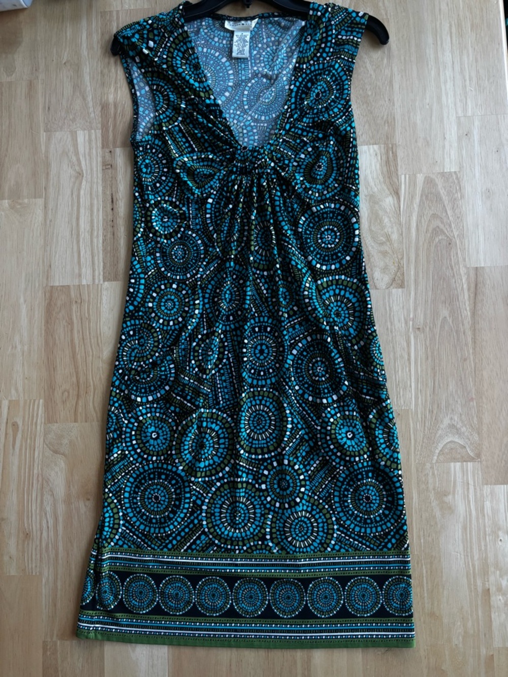 London Style Black and Blue Circular Print Midi Dress